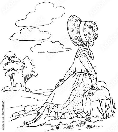Charming child in bonnet dreams of adventure while resting outdoors amidst rolling hills and fluffy clouds