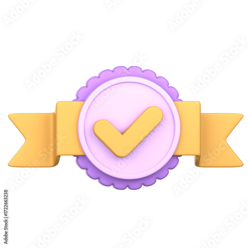 A stylized, three-dimensional check mark icon, framed by a ribbon and decorative seal, presents a positive, animated visual.