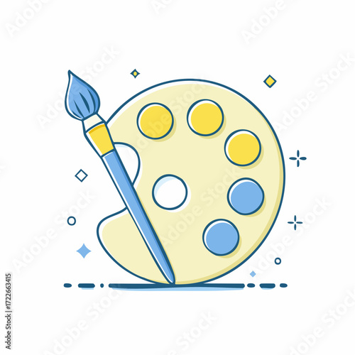 Flat Vector Paintbrush and Artist Palette Icon in Pastel Blue and Yellow