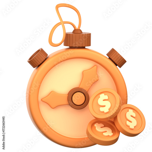 A stylized stopwatch, rendered in soft orange hues, displays money falling from its face, suggesting the concept of earning money in the given time.