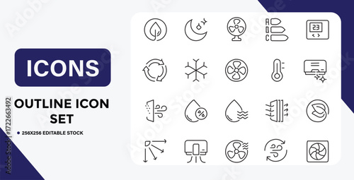 Outline Icon Set Featuring Climate Control Energy Efficiency and Environmental Elements