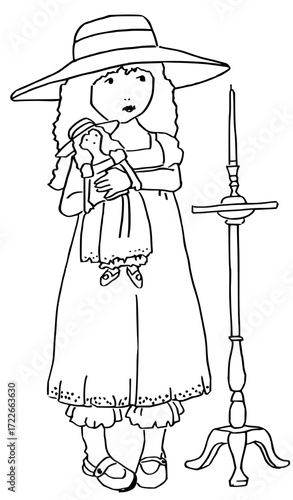 Charming young girl in vintage dress and wide brim hat embraces her cherished doll beside an ornate candle stand evoking nostalgia and innocence