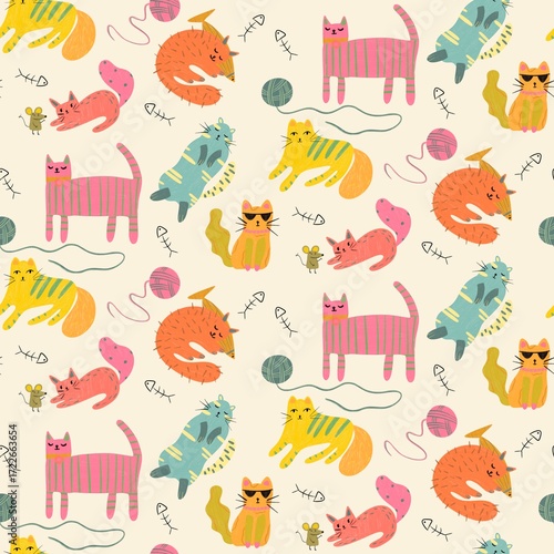 seamless pattern of colorful cartoon cats with toys and fish bones