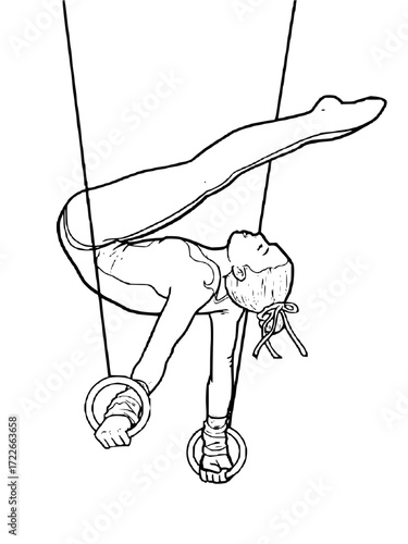 Dynamic gymnast executes powerful ring routine showcasing extreme strength and flexibility with graceful poise during intense competition performance
