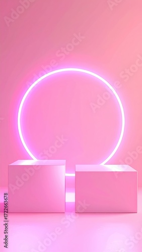 Pink podium with glowing neon circle. Modern presentation stage set against a pink gradient backdrop, minimalist design, soft lighting