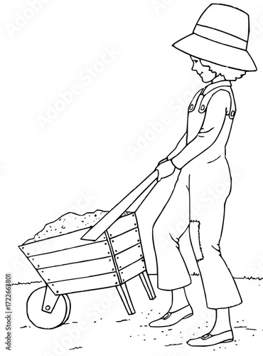 Child wearing overalls and a hat happily pushes a wheelbarrow filled with dirt, showcasing outdoor labor and childhood fun