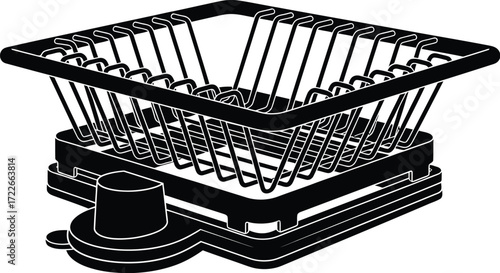 Black dish rack, drying kitchenware, organization and cleanliness concept