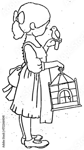 Young girl holds a tiny bird on her finger while carrying an empty birdcage, a charming scene of innocence and companionship
