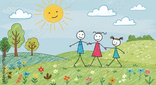 Cartoon family walking outdoors
