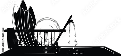 Black dish rack with clean plates and water droplets, washing dishes