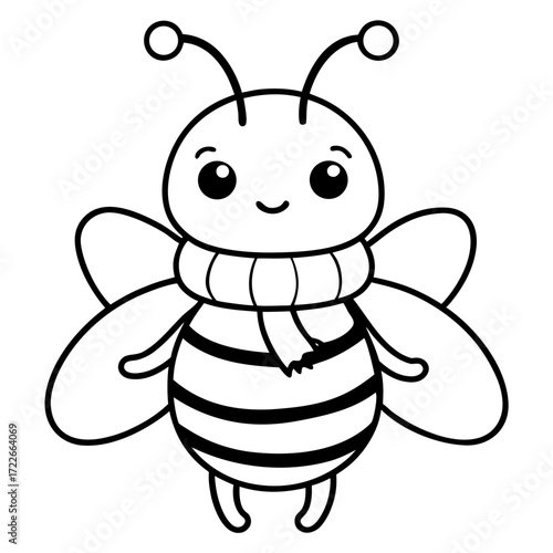 Cute and happy cartoon bee flying near a flower with sweet honey