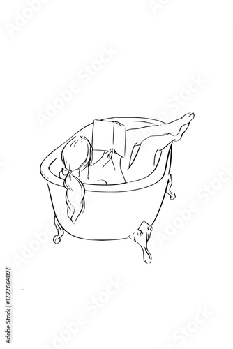 Serene woman finds peaceful escape reading a book in a luxurious clawfoot bathtub, embracing self care and relaxation.