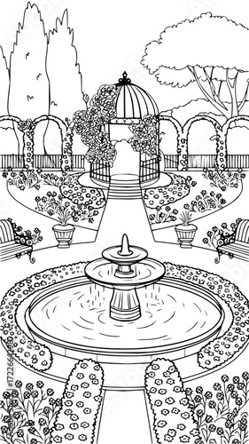 Serene garden sanctuary with elegant gazebo, blooming roses, and tranquil fountain offering a peaceful escape for relaxation and contemplation