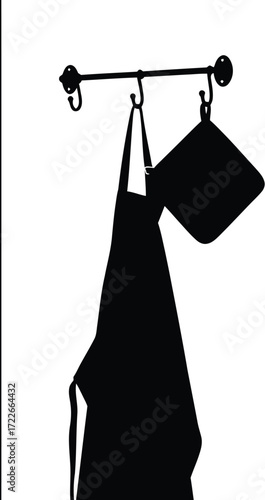 Black apron with potholder on a metal rack, kitchenware silhouette