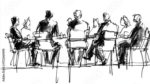 Sketch of people seated at a table.