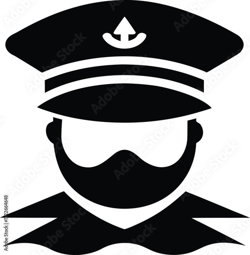 Icon of a ship captain wearing a hat, minimal silhouette design vector illustration on transparent background.


