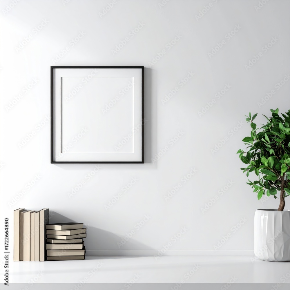 Fototapeta premium Simple room setting showcasing blank square frame above books & plant on clean white shelf against bright, plain wall. Modern, minimalist style