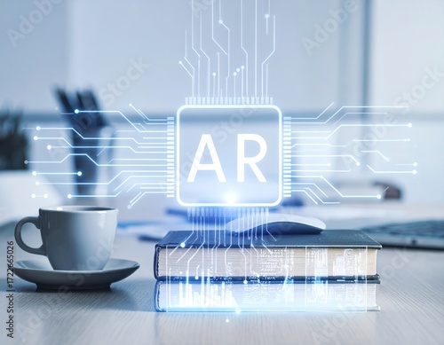 AR overlay on desk setting coffee, book, mouse. Futuristic tech concept with glowing elements, soft light, and circuit patterns