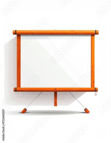 A wooden frame with a blank white screen stands on slender supports, casting a soft shadow on the white background, presenting a space for content