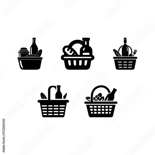 Five monochrome icons depict picnic baskets containing various food and drink items like bread, wine bottles, and fruit, displayed against a plain white background
