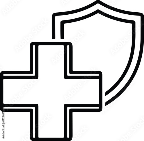 Vector medical cross symbol combined with shield silhouette design
