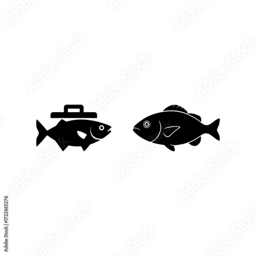 Two simplistic black fish silhouettes, one topped with a small rectangular object with a handle, face each other against a white background