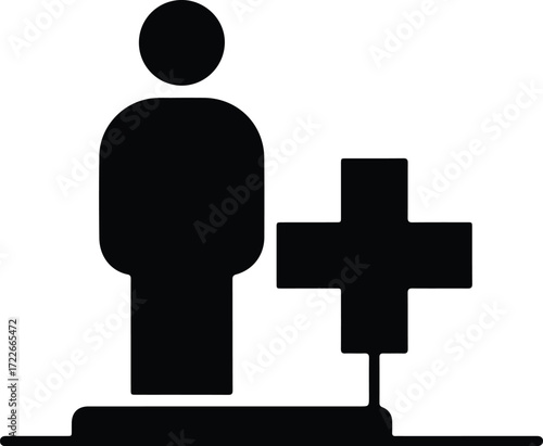Vector Person stands beside Christian cross gravestone silhouette design