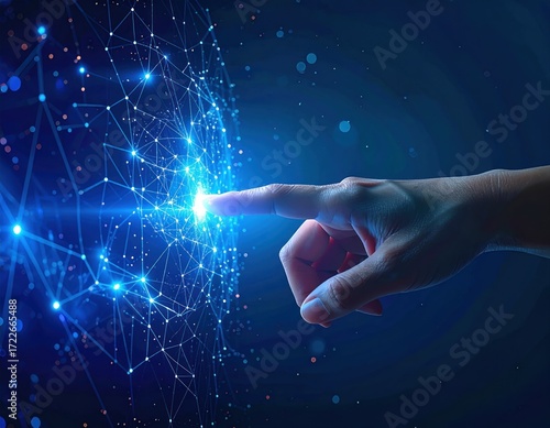 A hand touches a glowing, interconnected web of points and lines, creating a visual representation of connectivity against a dark blue gradient
