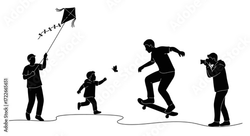 Dynamic Family Outing Depicted in Bold Silhouette: Illustration for Family Activities, Recreation, and Generational Bonding Projects.