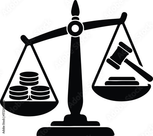 Vector scales of justice with gavel and coins silhouette design