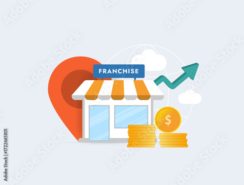 Franchise model supports franchising business branch expansion where small enterprise grows into retail store chain. Expansion planning, e-commerce company franchising strategy vector illustration