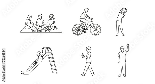 Vector illustrations showcasing diverse outdoor activities promoting community engagement and healthy lifestyle choices for use in public health campaigns and urban planning designs.