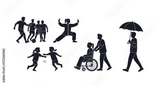 Diverse Activities and Support Services Silhouettes for Illustrating Community Engagement and Inclusive Design Projects Related to Social Welfare
