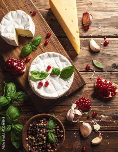 Overhead view of artisanal cheese, garlic, pomegranate seeds, peppercorns, & basil leaves elegantly arranged on a weathered wood surface