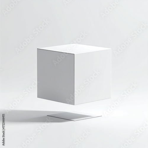 A pristine white cube floats above a flat surface, casting a soft shadow in the bright, minimalist studio setting. Clean and geometrically precise