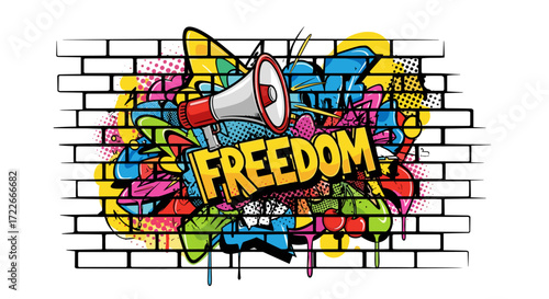 This colorful vector illustration showcases a powerful 'FREEDOM' message sprayed on a classic brick wall, embodying urban activism and vibrant self-expression.