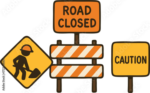 A set of construction signs include worker caution road closed and barrier markers isolated