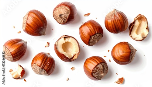 Scattered hazelnuts, some with shells, some broken, on a clean, white background. Rich brown tones and soft shadows accentuate the texture