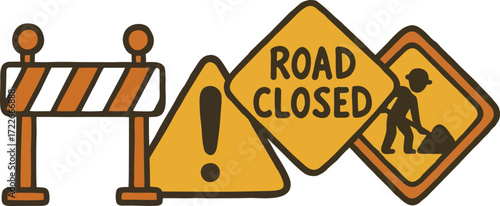 A set of construction signs include worker caution road closed and barrier markers isolated