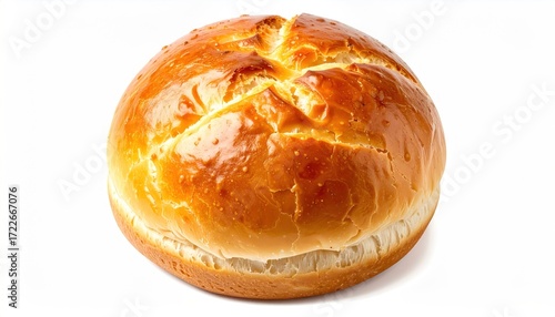 Golden round bread roll with a cracked top, sits isolated on a white background, showing its baked crust and soft edges