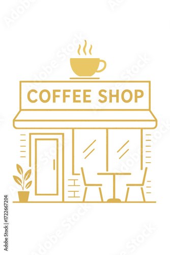 A minimalist line art illustration of a coffee shop with outdoor seating, perfect for cafe menus or branding.