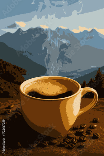 A steaming cup of coffee sits on a wooden surface overlooking a majestic mountain range on a crisp morning.