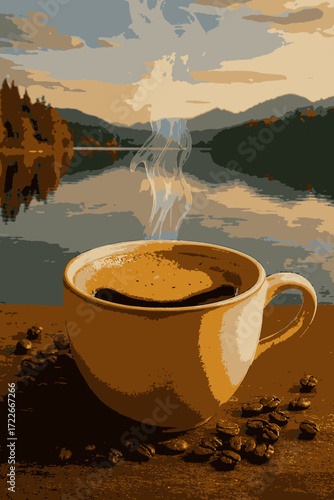 A steaming cup of coffee sits on a wooden table overlooking a serene lake and mountain landscape at sunset.