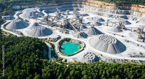 Vast industrial quarry with massive gravel piles and turquoise water