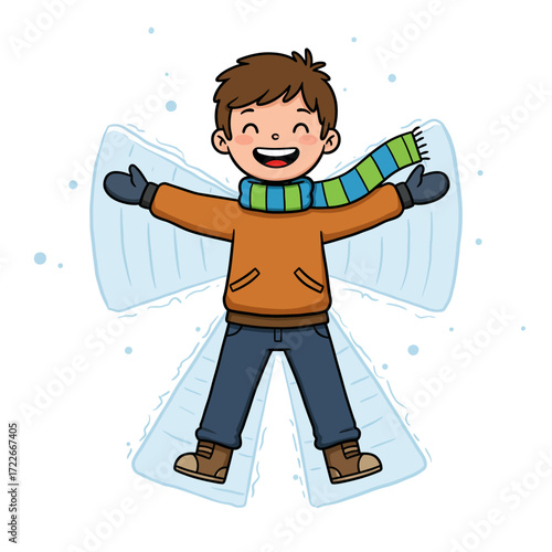 Joyful cartoon boy in warm winter clothes happily making a snow angel.
