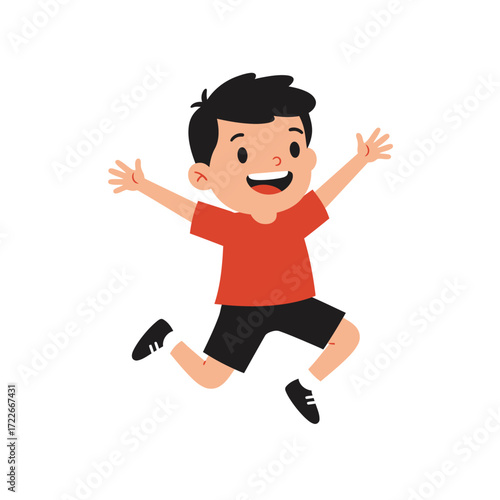 Joyful cartoon boy with black hair and a red shirt jumping happily with arms outstretched.