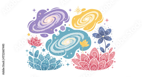This enchanting digital illustration features colorful pastel galaxies swirling gracefully with stylized lotus flowers and celestial elements, evoking cosmic wonder and peace.