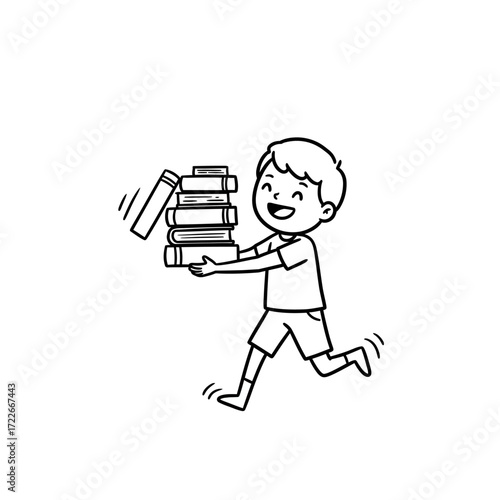 Joyful cartoon boy running with a wobbly stack of books a black and white line art illustration.