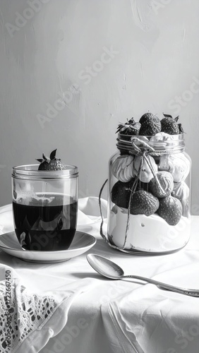 Black & white shot featuring a beverage in a glass and a layered dessert in a jar, all resting on an ornate lace tablecloth