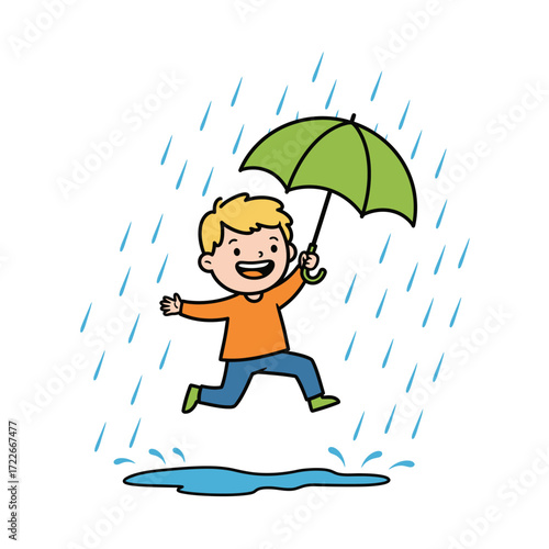 Joyful cartoon boy with blonde hair and a green umbrella jumping over a puddle in the rain.